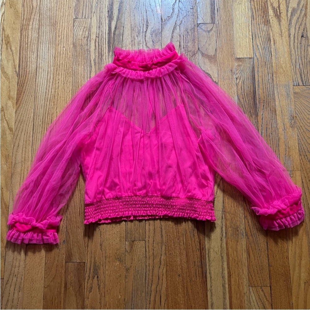 Alice + Olivia Fuchsia Ruffle Sheer Top